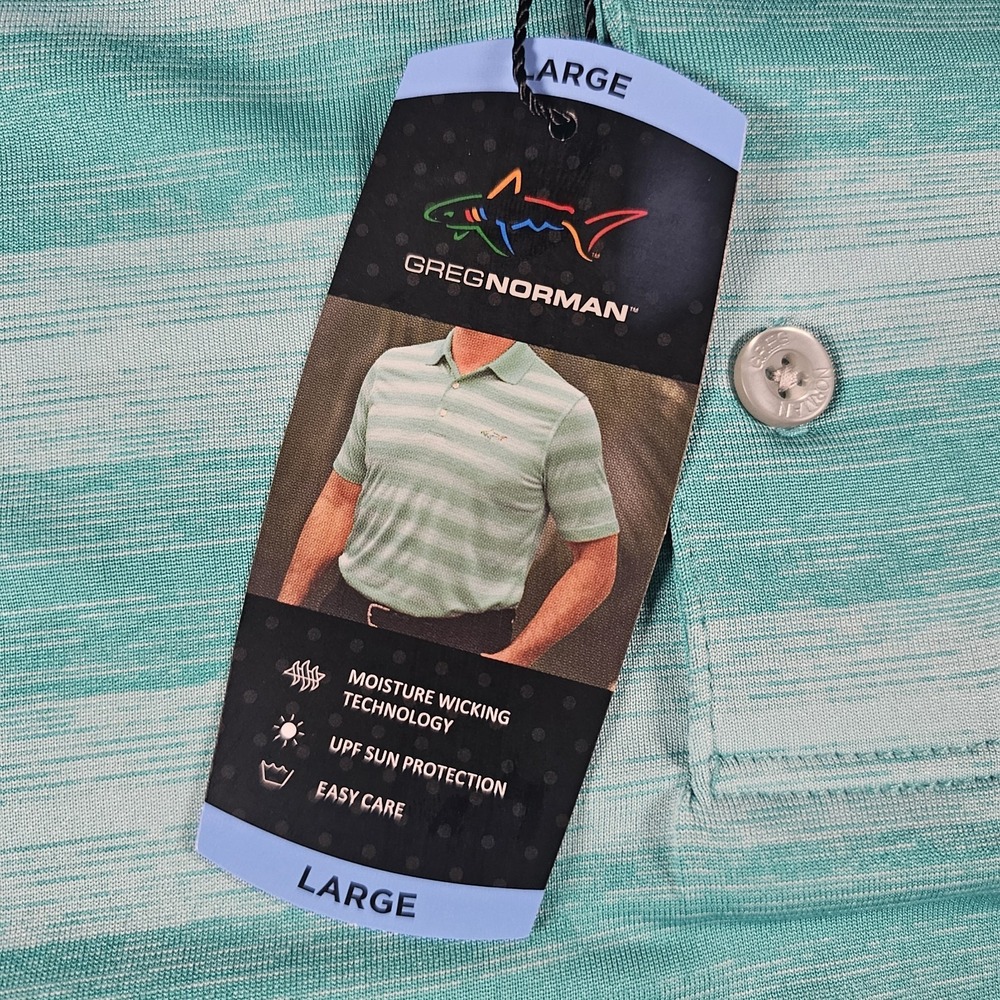 Greg Norman Play Dry Polo Shirt Mens Large NWT Aqua Striped Golf Shark Logo - Picture 4 of 10